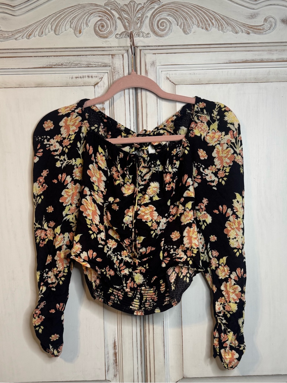 Free People Black Floral Tie-Front Peasant Blouse